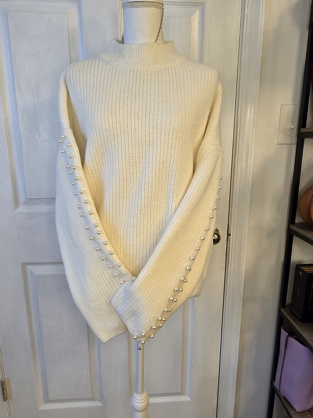 H&M Pearl-Embellished Cream Mock Neck Womens Oversized Sweater NWT MED Cozy